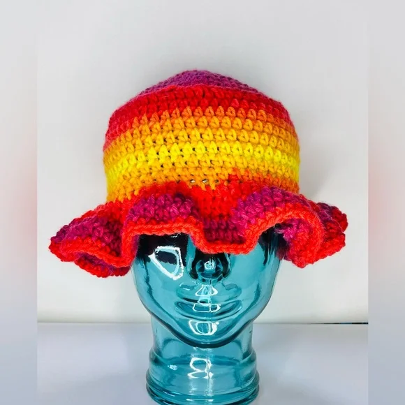 Bohemian ruffled brim colorful bucket crochet hat