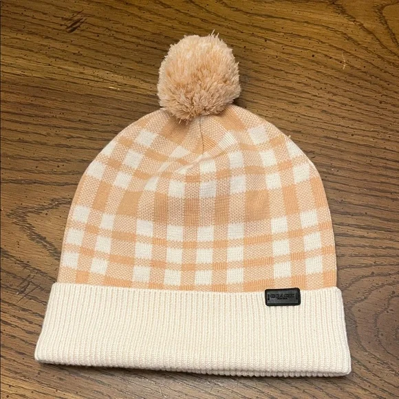 Coach Plaid‎ Beige and White Pom Pom Beanie