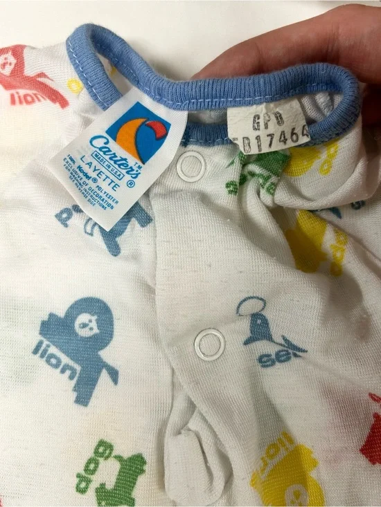 Vintage 1980s Carters Baby Sleep Gown 3-6 Months White Animal Print Tie Bottom