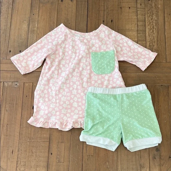 SweetHoney Pink Floral and Green Polka Dot pajama set girls 6 ruffles