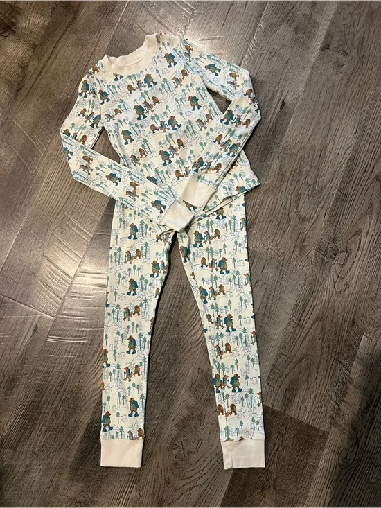 L.L. Bean Kids Cream Pajama Set with Teal and Brown Forest Print