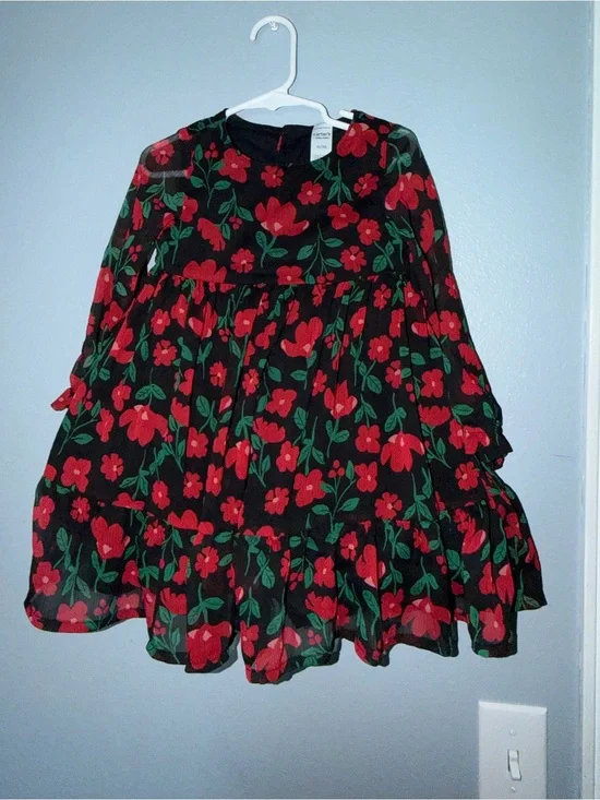 Carter's Black Dress with Red Floral & Green Leaf Print