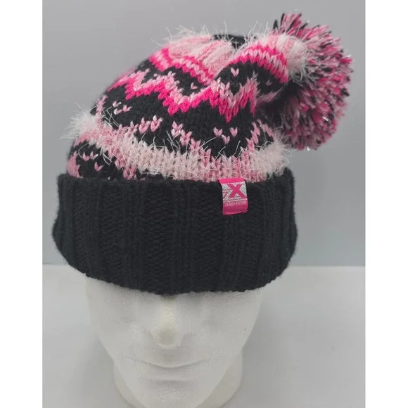ZeroXposur Beanie‎ Women M/L Black Pink Fair Isle Pom Pom Knit Hat