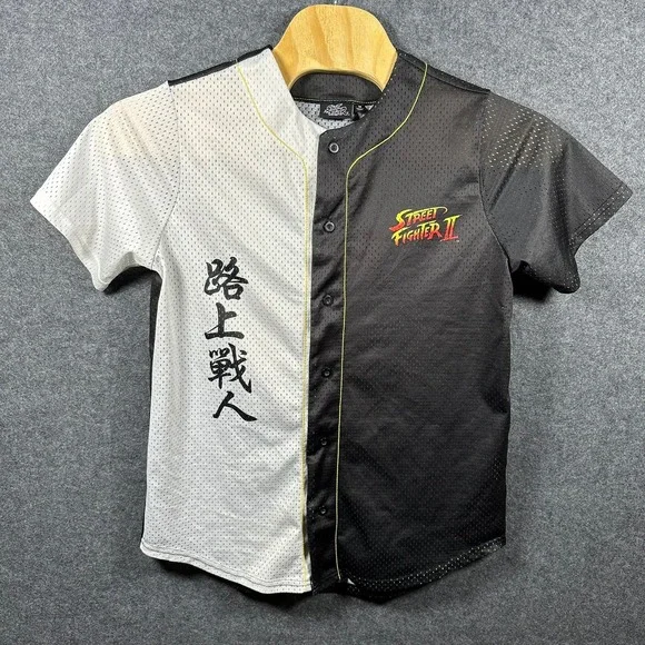 Street Fighter II Mens Baseball Jersey Black White‎ Split Kanji Graphic Shirt M