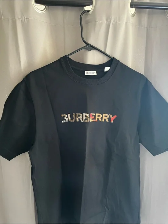 Burberry Black Logo Tee with Beige Plaid and Red Accents