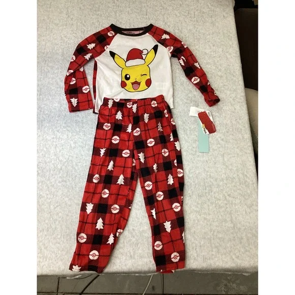 Pokemon‎ Pikachu Kids Holiday Pajama Set Red Black Buffalo Plaid XS 4/5 NEW