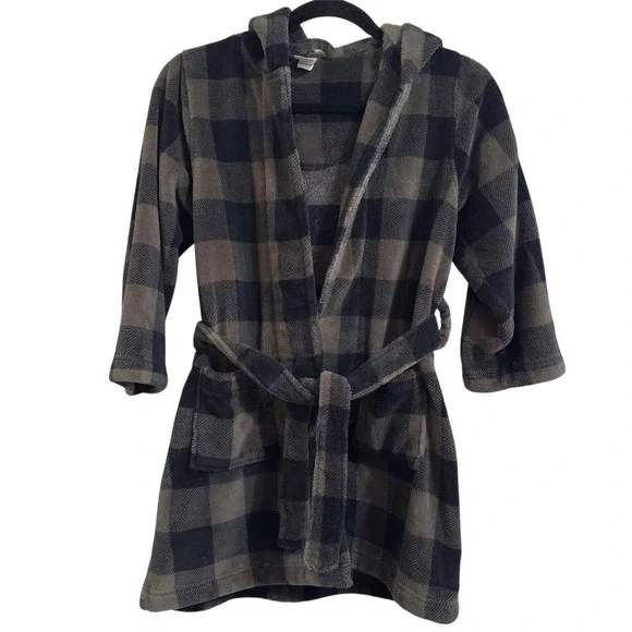 Tucker Tate Kids Sleepwear Robe‎ Buffalo Plaid Fleece Hooded Tie Belt Size 5/6