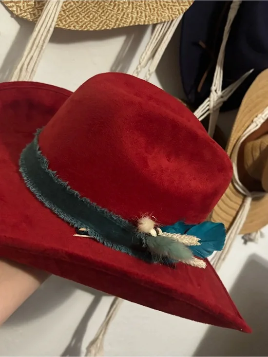 Custom Red Women’s cowgirl Hat with Teal Feather Trim