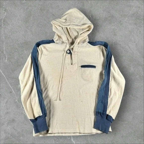 Vintage 60s Hoodie XS Cream French Terry cloth Chinstrap 1960s Lightweight True