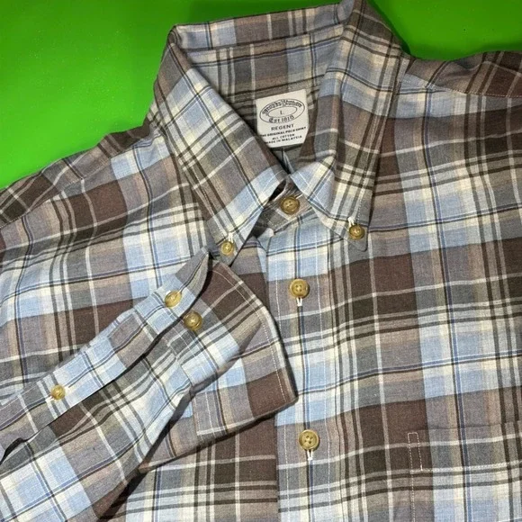 Brooks Brothers Brushed Cotton Button Shirt Mens L Blue Brown Plaid Regent Fit