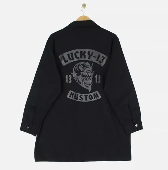 Vintage Lucky 13 Shirt Jacket Black Graphics Print Back USA Made Devil Kustom