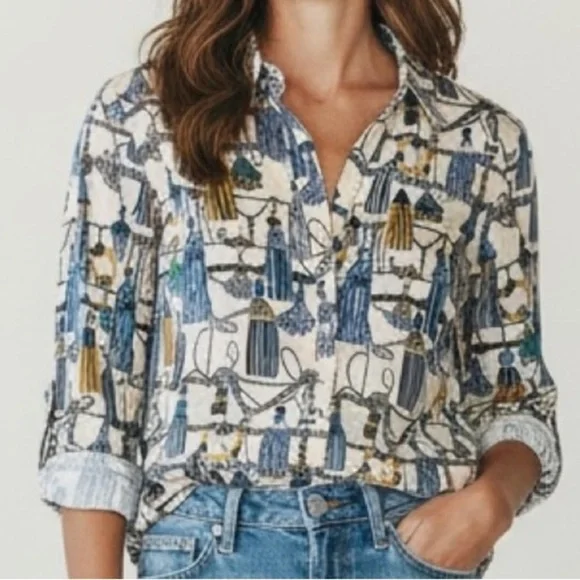 Tommy Hilfiger Blue & Gold Tassel Pattern Button Long Sleeve Up Shirt Old Money
