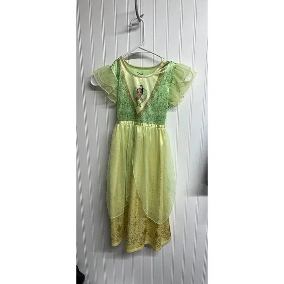 Disney Princess Tiana Nightgown Girls 6/6X Green Yellow Fantasy Sleep Dress