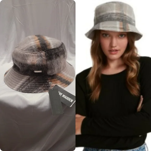 Steve Madden Logo Plate Brushed Bucket Hat OSFM Off white Gray Tan Plaid