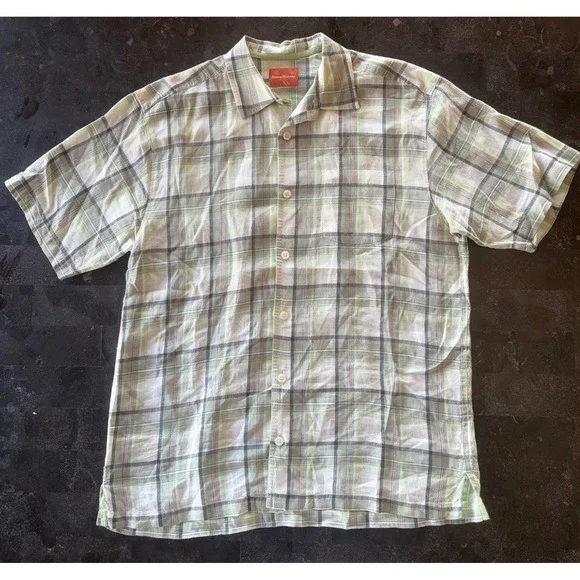 Tommy Bahama Men‎ L 100% Linen Plaid Short Sleeve Button Down Camp Shirt Green