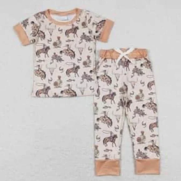 NEW BAMBOO‎ Western Cowgirl Cactus Bronc Riding Girl's PJ Pajama set size 7/8