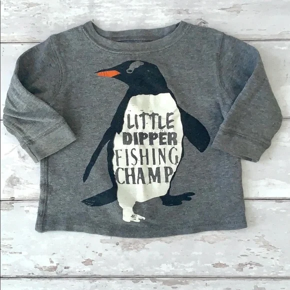 Boys 12m Carters Knit Long Sleeve Penguin Shirt Gray Grey Color Baby Toddler