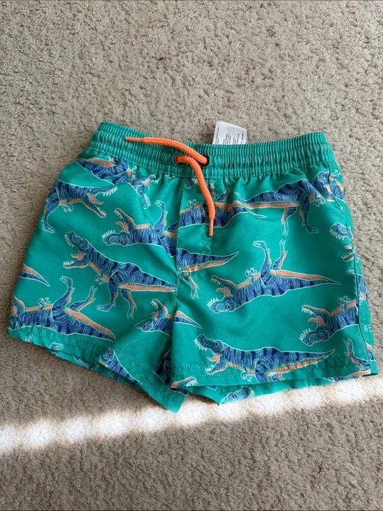 Carter's Teal Dinosaur Swim Shorts with Orange Drawstring