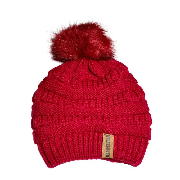 Queen Fur Red Knit Beanie Pom Pom Winter‎ Hat Cozy Warm Slouchy