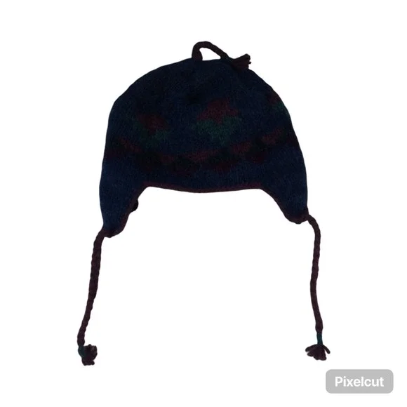 Vintage Lost Horizons‎ Blue Floral Wool Tassel Ear Flaps Nepal Beanie Winter Hat