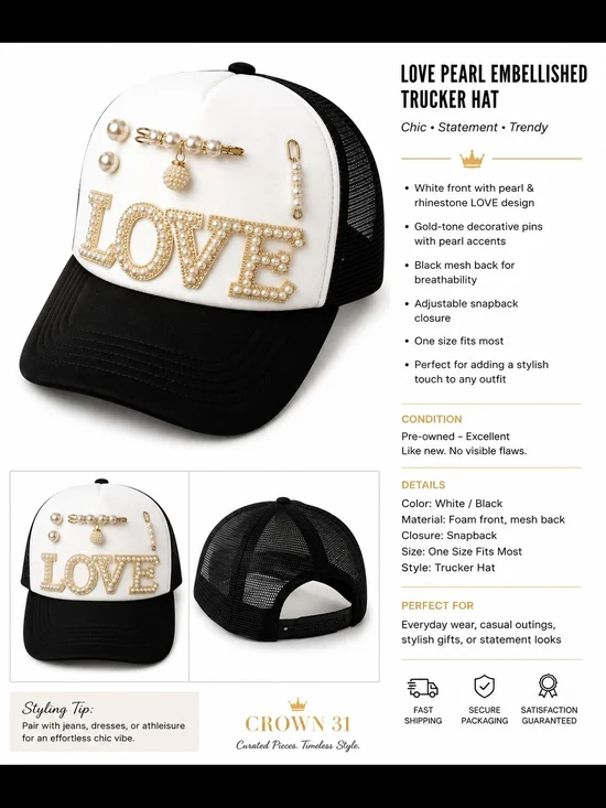 Pearl-Embellished 'LOVE' Trucker Hat - White & Black