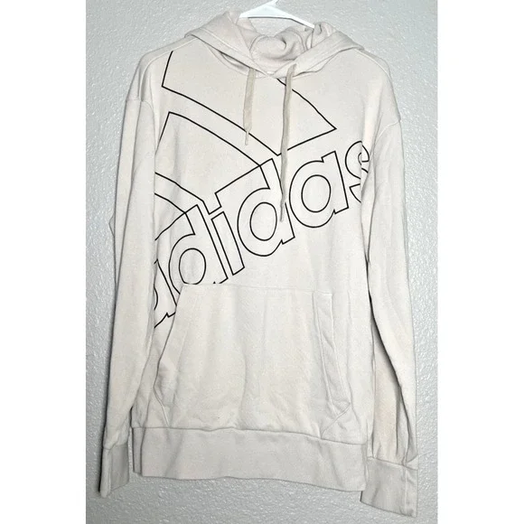 Adidas Hoodie Sweatshirt Men's Size Small Cream Logo‎ Pocket Drawstring