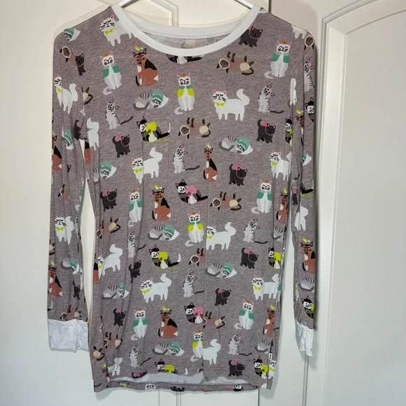 Little Sleepies Pajama‎ Top 16 Gray Cozy Cats Print Lunaluxe Bamboo Long Sleeve