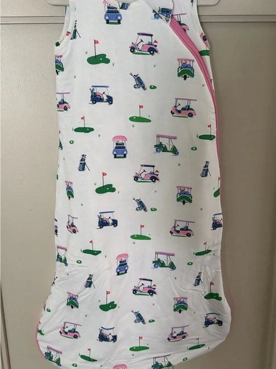 Angel Dear White Sleep Sack with Pink, Green and Blue Golf Cart Print