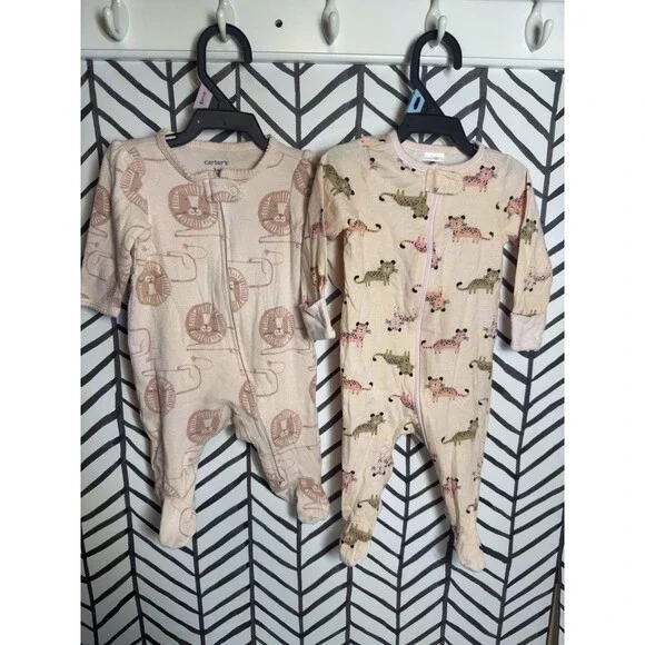 Carter’s Pink Brown Lion Leopard 2Pc Zipper Cotton Sleepers Baby Girl 0-3M 6034