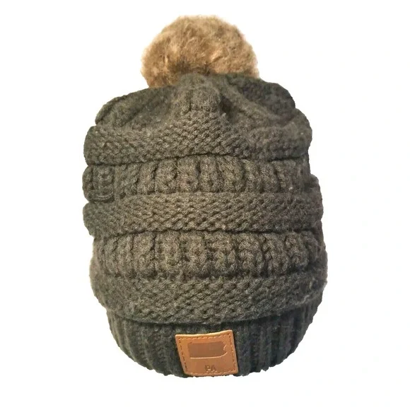 Knit Faux Fur Pom Pom Beanie Hat Pennsylvania Patch Adult Unisex‎ One Sz Gray