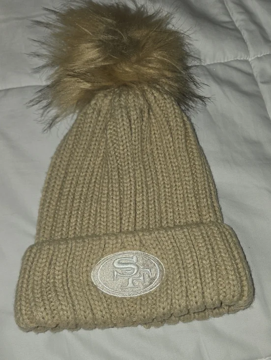 Beige Knit Pom Pom Beanie with Embroidered Logo