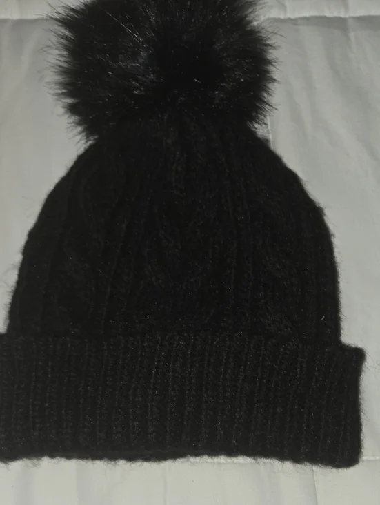 LOFT Black Cable Knit Beanie with Faux Fur Pom