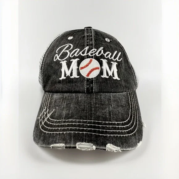 Baseball Mom Gray Ball Cap/Hat Mesh Hook/Loop Adjustment Strap Distressed Style.