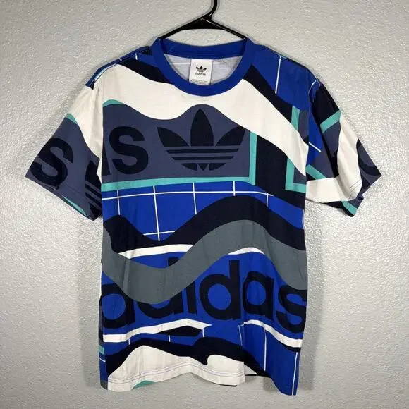 Adidas Originals Logo AOP Men's Medium T-Shirt Graphic Blue White Black