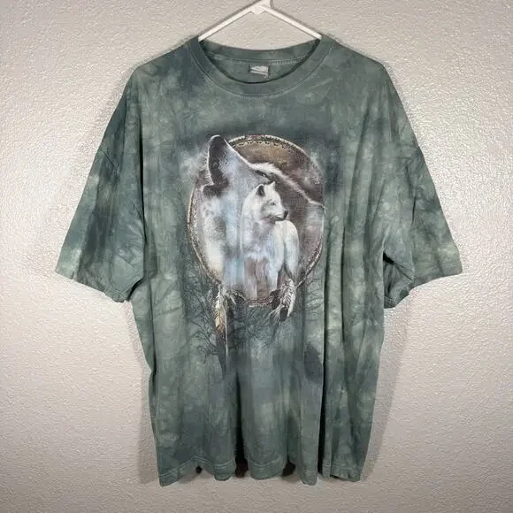 Vintage The Mountain Wolf Dreamcatcher Tie Dye Graphic T-Shirt Blue Grey Men 3XL