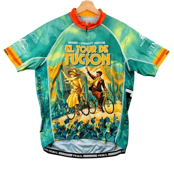 Primal El Tour De Tucson Cycling Jersey Mens XL Race Cut Banner Medicine Teal