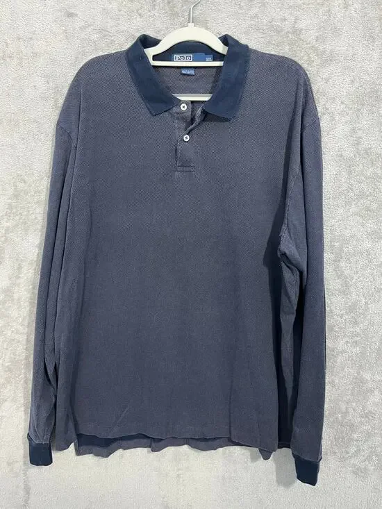 VTG Polo Ralph Lauren Long Sleeve Rugby Polo Shirt XL Navy Textured 90s Y2K