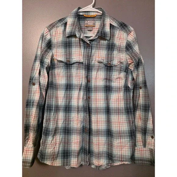 Ariat Rebar Mens Plaid Long Sleeve Work Shirt Blue Orange Button Down Medium