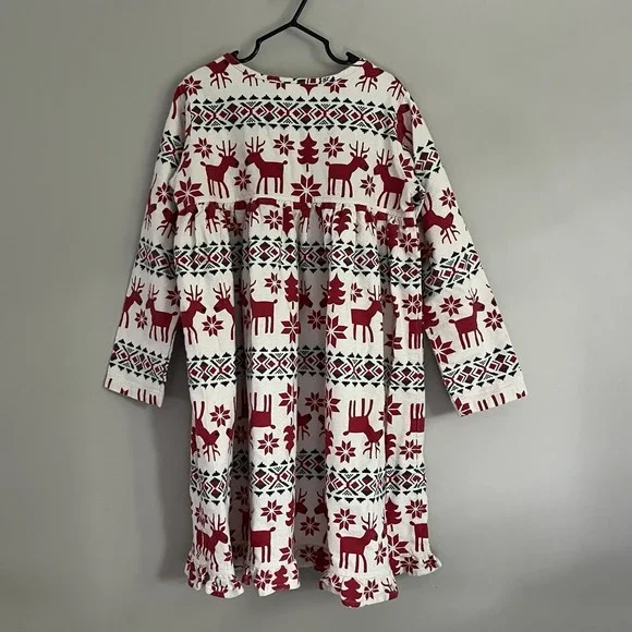 Hanna Andersson Festive Red Cream Green Holiday Reindeer Dress 6/7 Christmas
