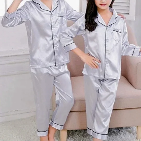 NWT Horcute Girls Satin Pajama Set Pants Long Sleeve Button Front Top Silver