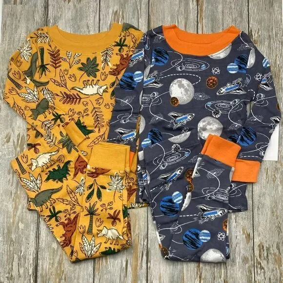 Dinosaur & Spaceship Cotton Long Sleeve Tight Fit Pajamas 2, 2-Pc Sets Size 12 M