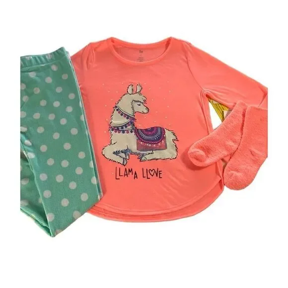 SO Girls SIZE 16 LLAMA LOVE 3-Piece Tunic & Thermal Leggings Pajama Set with Soc