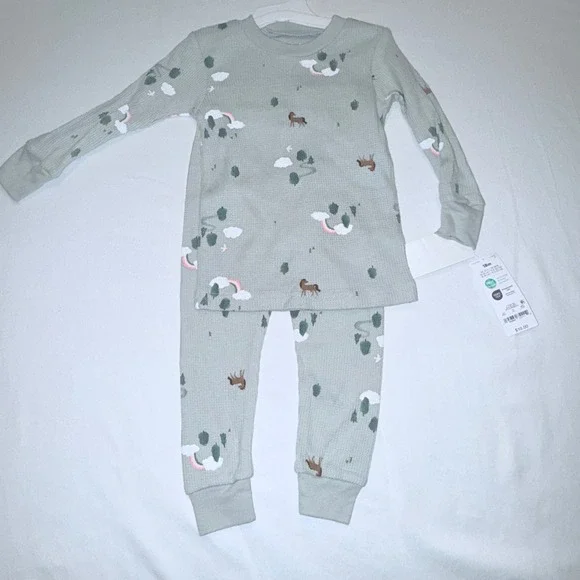 Carter's Pajama Set Kids 18M Green NEW‎ Thermal Waffle Horse Rainbow