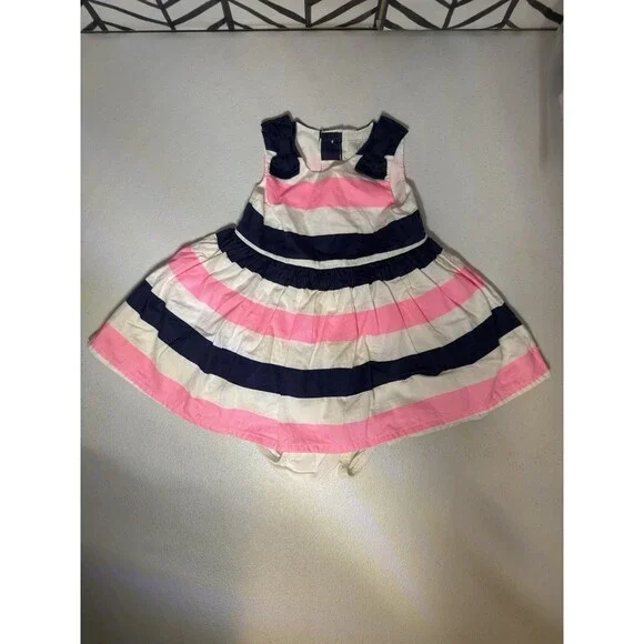 Carter’s Pink Blue White Stripe Bow Sleeveless Special Occasion Dress Baby 0-3M