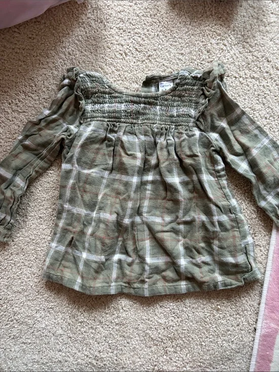 Carter's Olive Green Plaid Smocked Long Sleeve Top