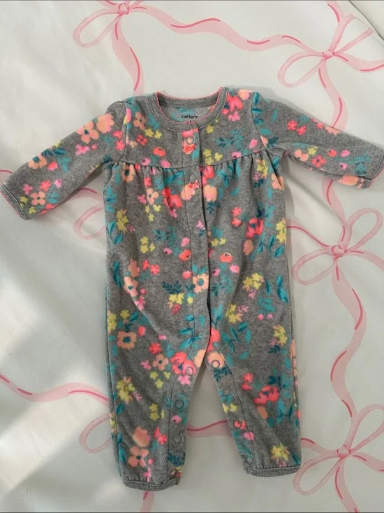 Carter's Gray Floral Fleece One-Piece with Pink, Teal, Coral & Yellow Flowers