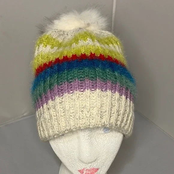 Rainbow Striped Knit Beanie Hat with Faux Fur Pom Pom and Metallic Tinsel Accent