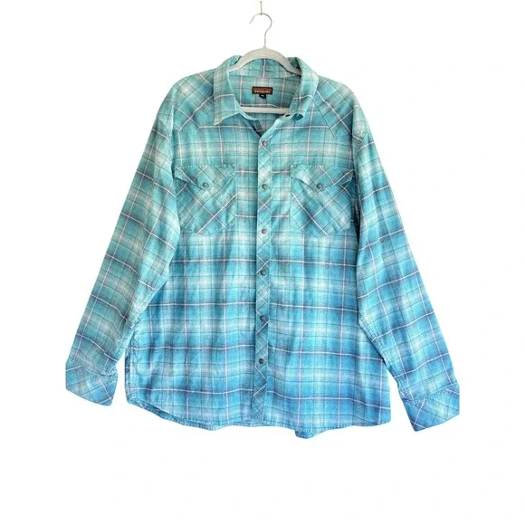 Patagonia Mens XXL Turquoise Plaid Hemp Blend Snap Front Western Shirt