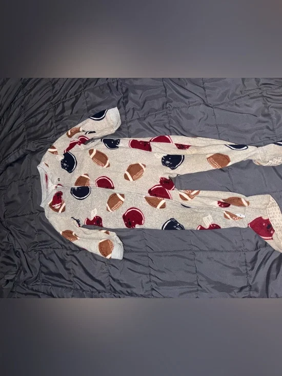 Cozy Football Print Footed Pajamas - Cream with Burgundy, Navy & Tan
