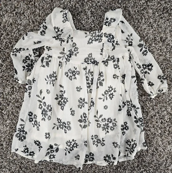 Carters Baby Girls Sz 12M Long Sleeve Knee Length Dress Black White Floral